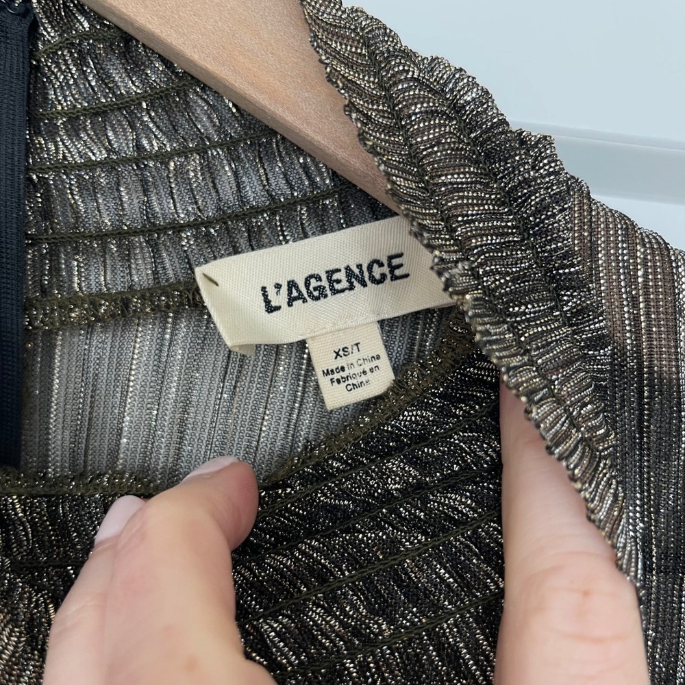 L'AGENCE Paola Blouse XS Gold Black Metallic Sheer Pleated Mock Neck Sexy Chic - Picture 13 of 16